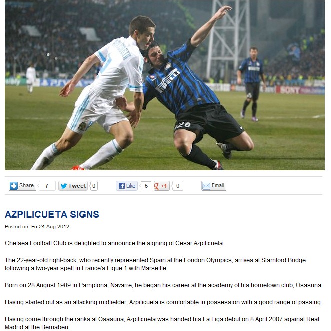 Trên trang web chính thức của The Blues thông báo: "Câu lạc bộ Chelsea vui mừng thông báo đã ký hợp đồng với Cesar Azpilicueta."